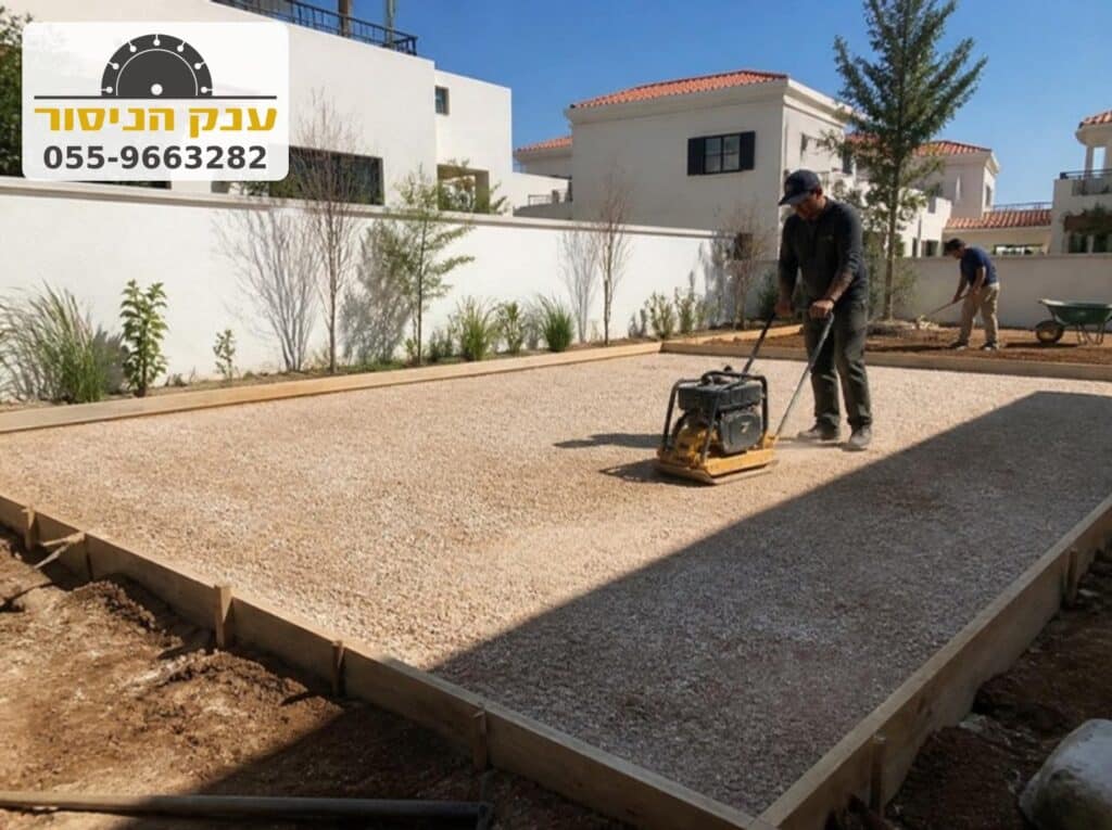 הכנת מצע מצעים מהודק בתוך תבנית עץ לפני יציקת בטון על אדמה