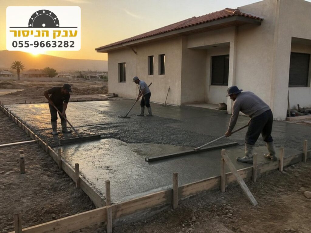יציקת משטח בטון לחניה בשעות הבוקר המוקדמות בדרום
