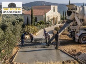 יציקת משטח בטון לחניה ליד בית אבן על צלע הר בגליל