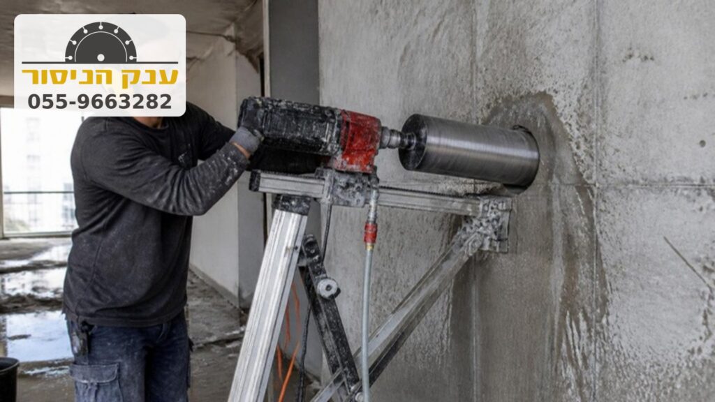 מכונת קידוח יהלום על סטנד קודחת חור עגול בקיר בטון בדירה בשיפוץ