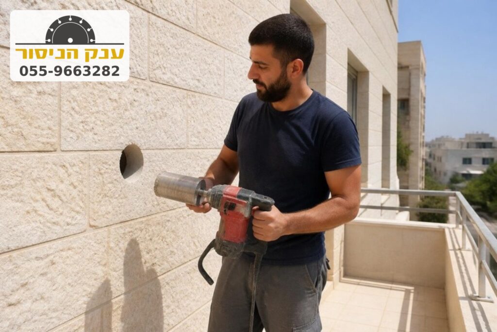 חור עגול לצנרת מזגן בקיר חוץ מחופה אבן ירושלמית
